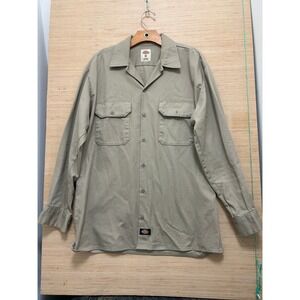 Dickies Mens Khaki Tan Long Sleeve Cotton Work Shirt Size Medium Utility Twill